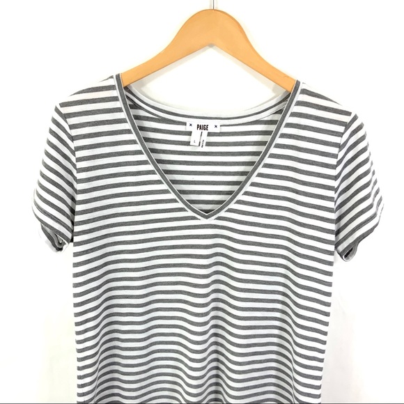 PAIGE Size Large Tee Gray & White Striped V-Neck Short Sleeve T-Shirt M17 - Picture 3 of 7